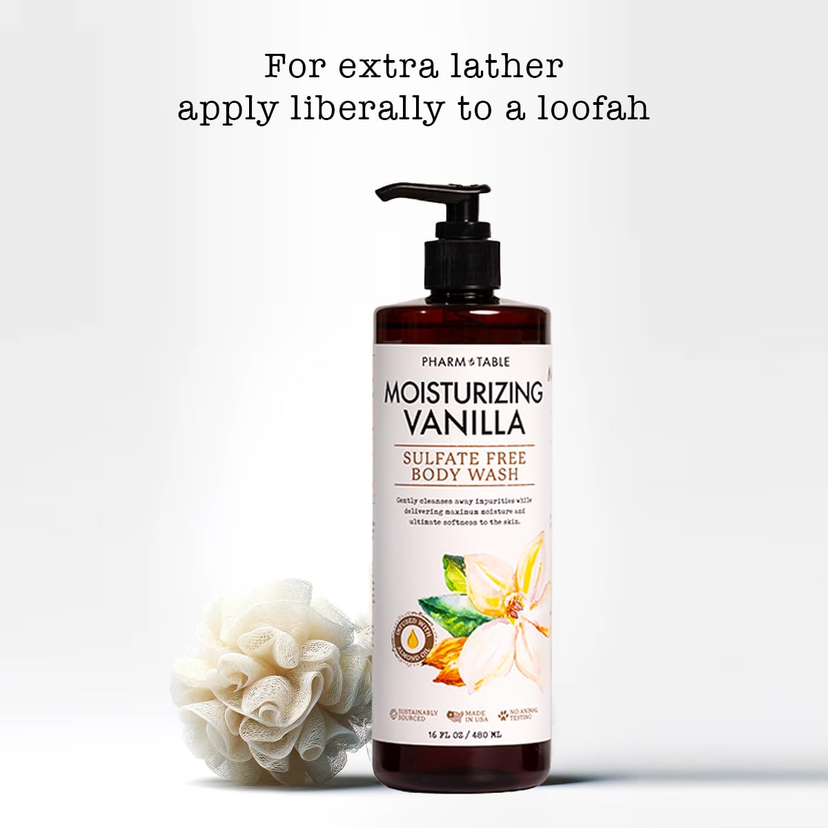 PHARM TO TABLE Moisturizing Vanilla Body Wash for Women and Men - Moisturizes and Softens the Skin, Sulfate Free, 100% Cruelty Free, 480ml
